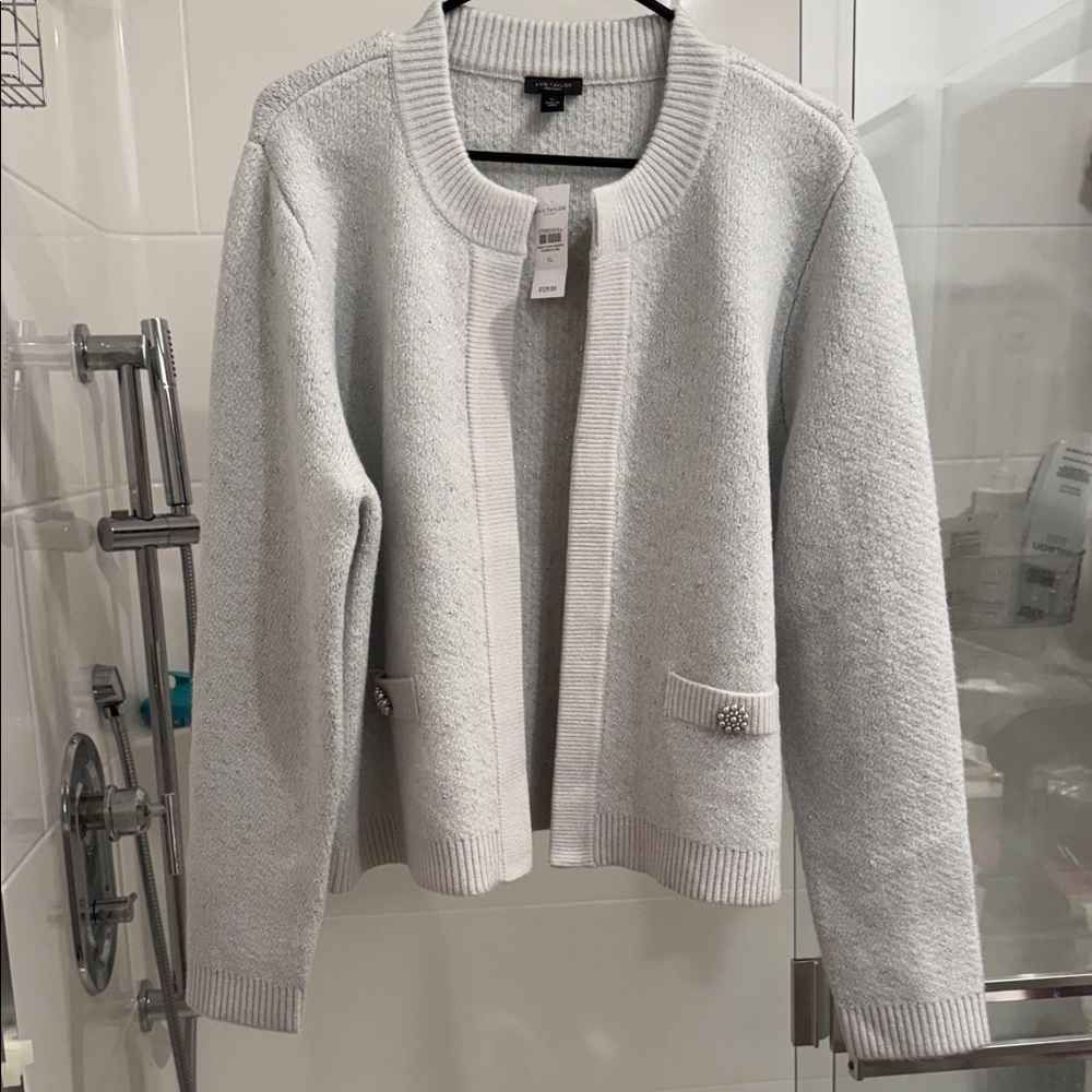 Ann Taylor Light Gray Knit Cardigan with Embellished Pocket